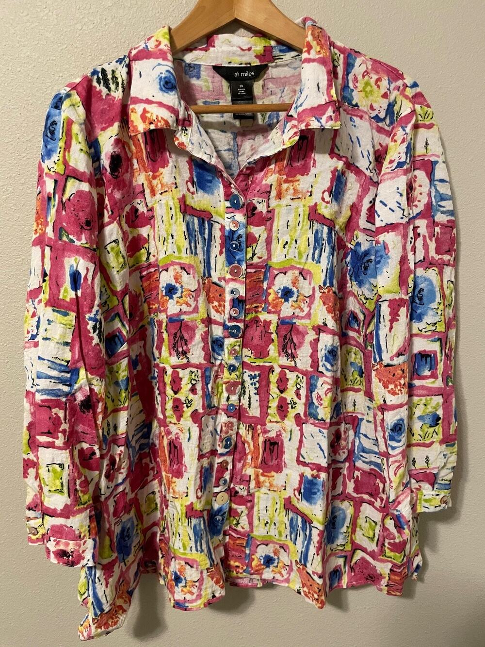 Ali Miles Tunic Top Womens 2X Multicolor Abstract Floral Button Up Artsy Boho
